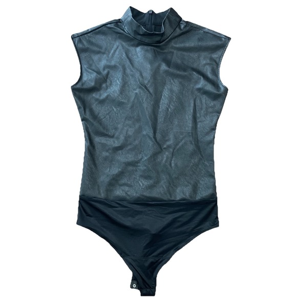 Spanx Bodysuit Womens Small Black Faux Leather Mock Neck Cap Sleeve - Picture 1 of 10